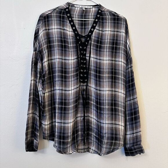 Hyfve Plaid Relaxed Fit Long Sleeve Lace Up Front Top Black Gray Size Medium - Picture 1 of 4